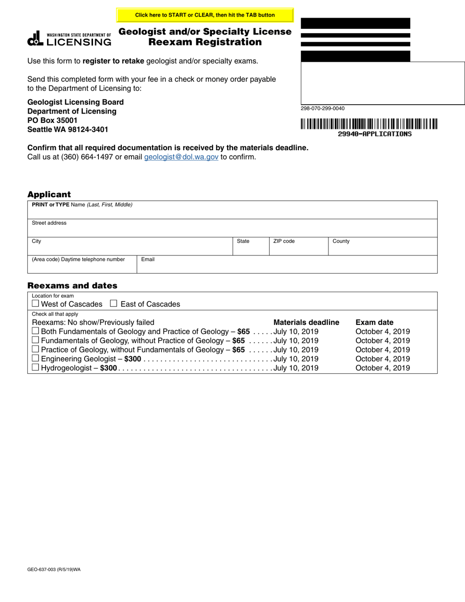 Form GEO-637-003 Geologist and / or Specialty License Reexam Registration - Washington, Page 1
