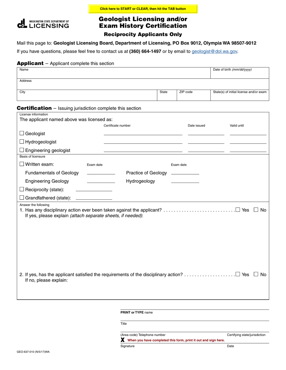 Form GEO-637-010 Geologist Licensing and / or Exam History Certification - Washington, Page 1