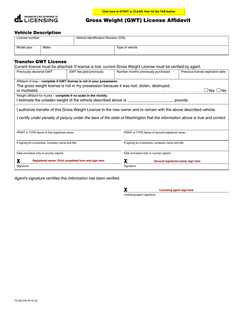 Form TD-420-045 Gross Weight (Gwt) License Affidavit - Washington