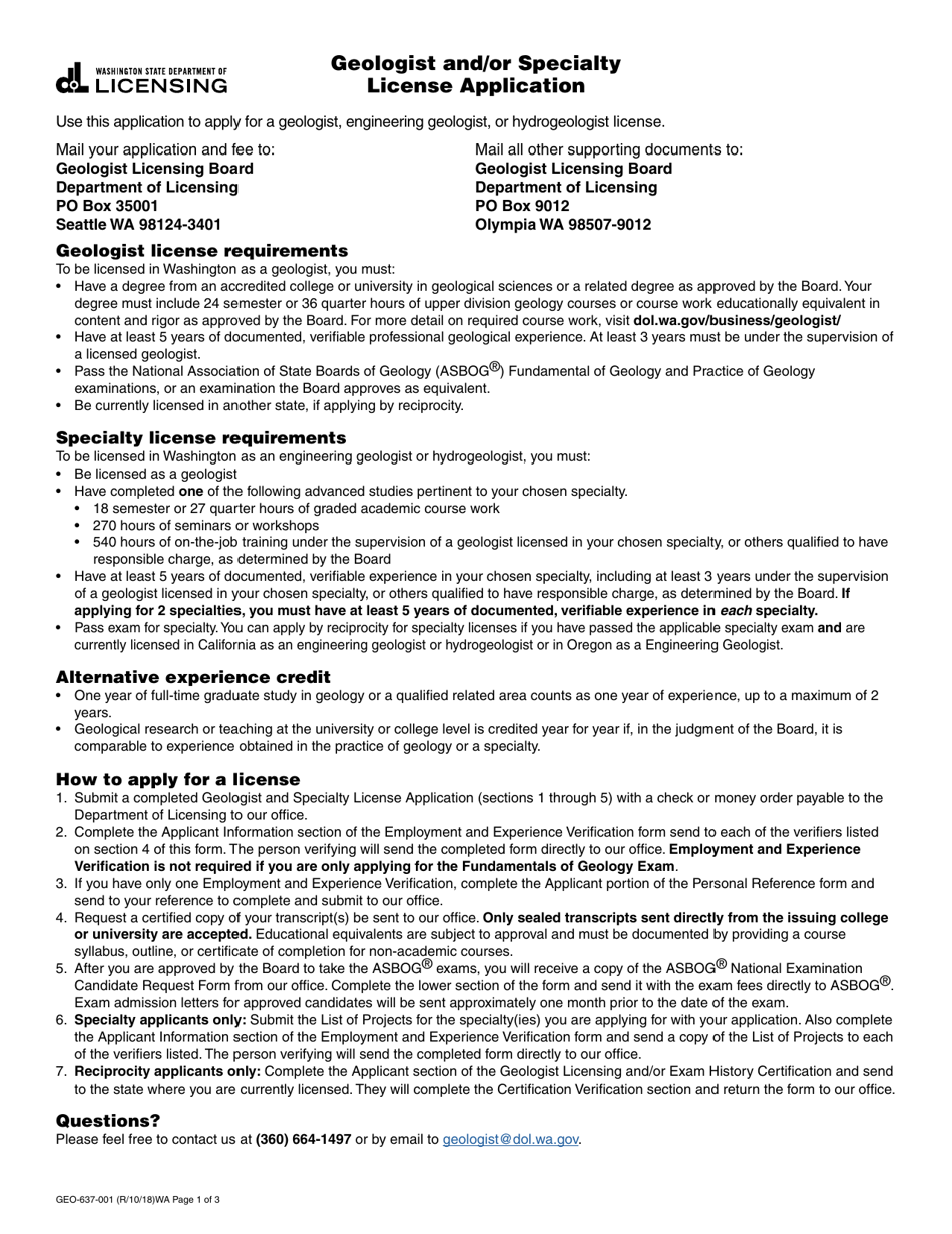 Form GEO-637-001 Geologist and / or Specialty License Application - Washington, Page 1