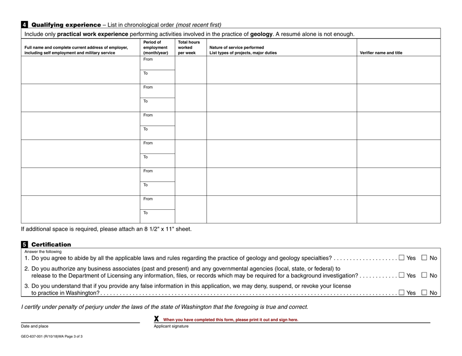 Form GEO-637-001 Geologist and / or Specialty License Application - Washington, Page 3
