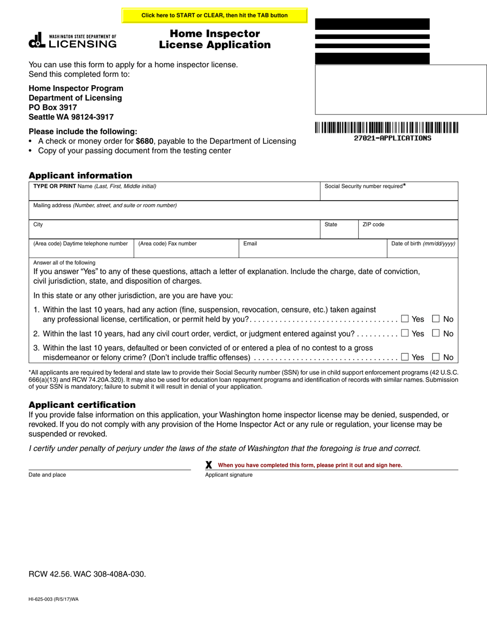 Form HI-625-003 Home Inspector License Application - Washington, Page 1