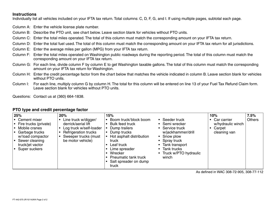 Form FT-442-075 Ifta Power Take-Off (Pto) Schedule - Washington, Page 2
