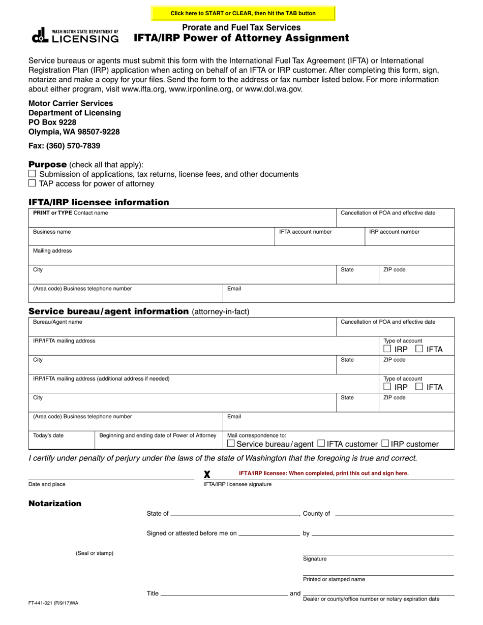 Form FT-441-021 Ifta / Irp Power of Attorney Assignment - Washington, Page 1