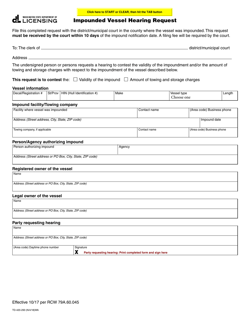 Form TD-420-293 Impounded Vessel Hearing Request - Washington, Page 1