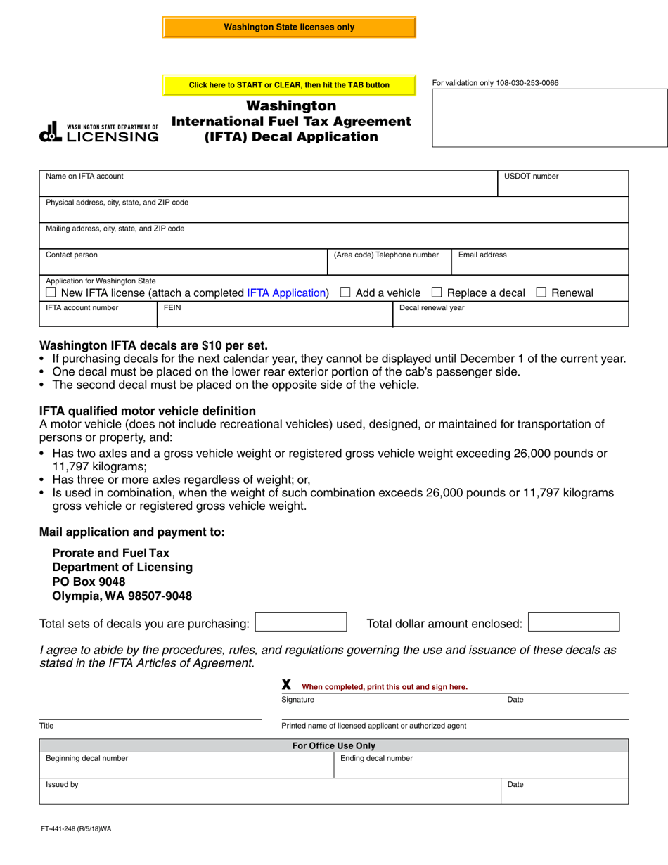 Form FT-441-248 International Fuel Tax Agreement (Ifta) Decal Application - Washington, Page 1