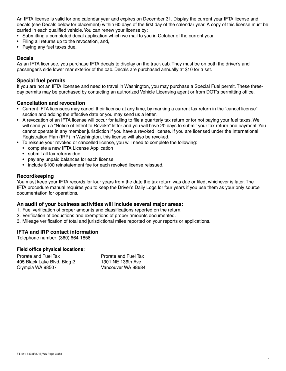 Form FT-441-543 International Fuel Tax Agreement (Ifta) Application - Washington, Page 3
