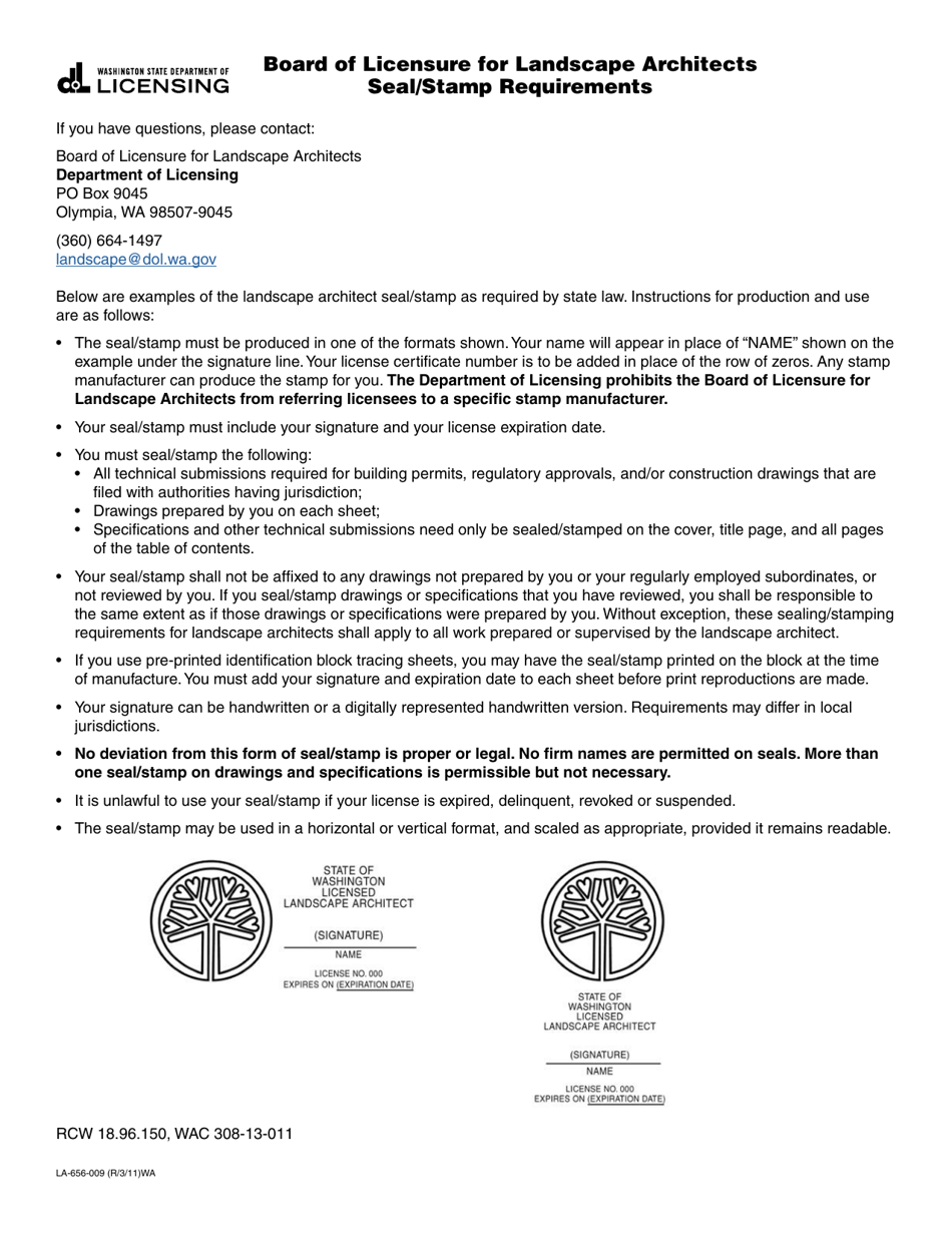 Form LA-656-009 Board of Licensure for Landscape Architects Seal / Stamp Requirements - Washington, Page 1