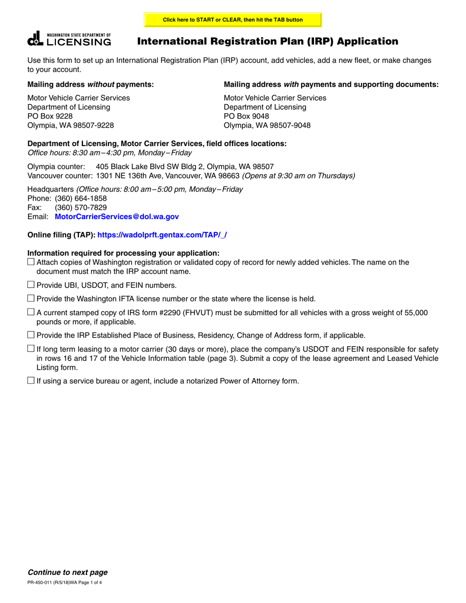 Form PR-450-011 International Registration Plan (Irp) Application - Washington, Page 1