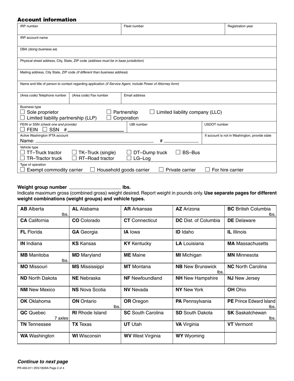 Form PR-450-011 International Registration Plan (Irp) Application - Washington, Page 2