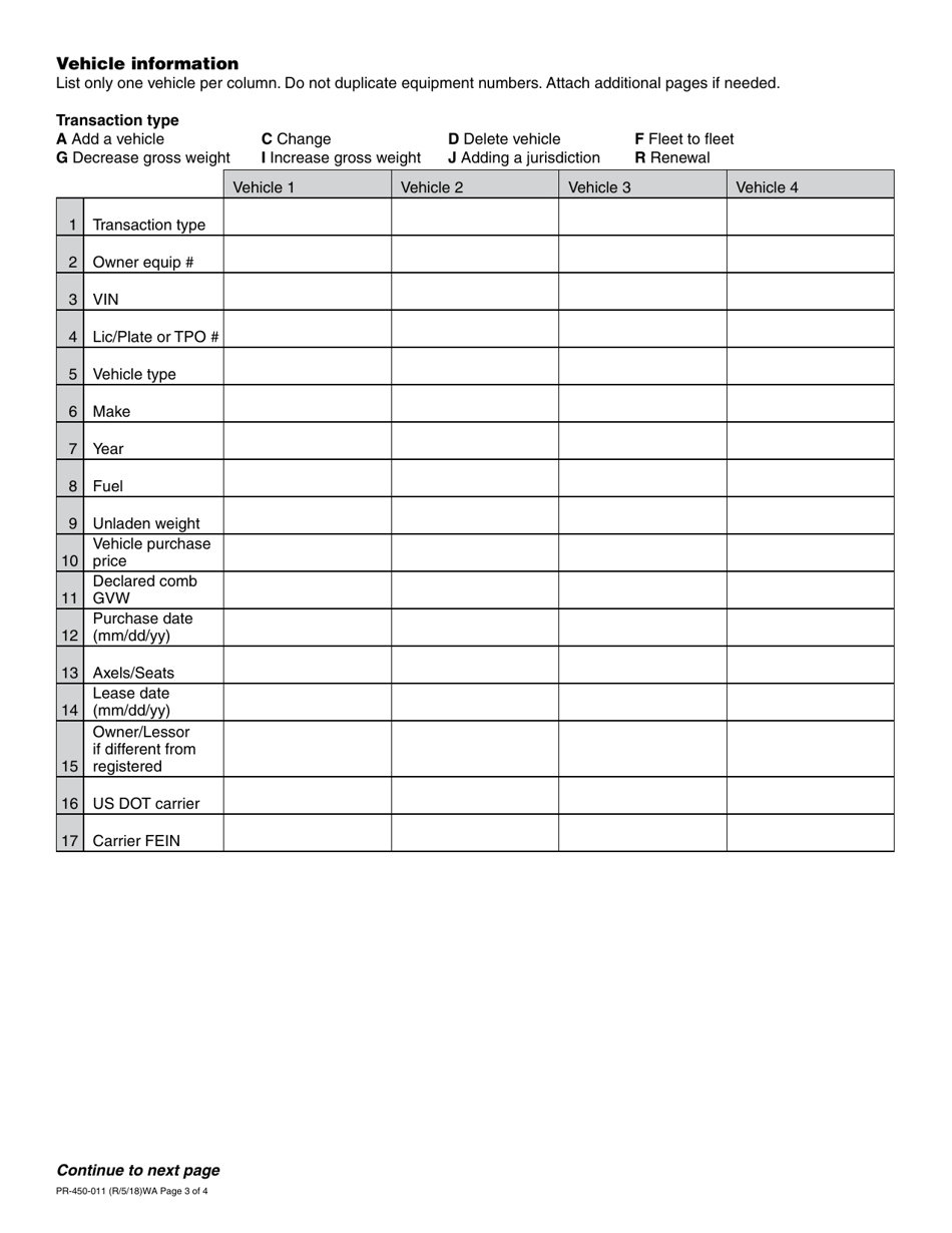 Form PR-450-011 International Registration Plan (Irp) Application - Washington, Page 3
