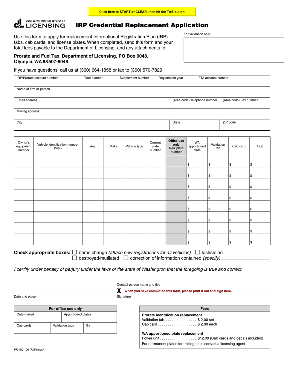 Form PR-450-106 Irp Credential Replacement Application - Washington, Page 1