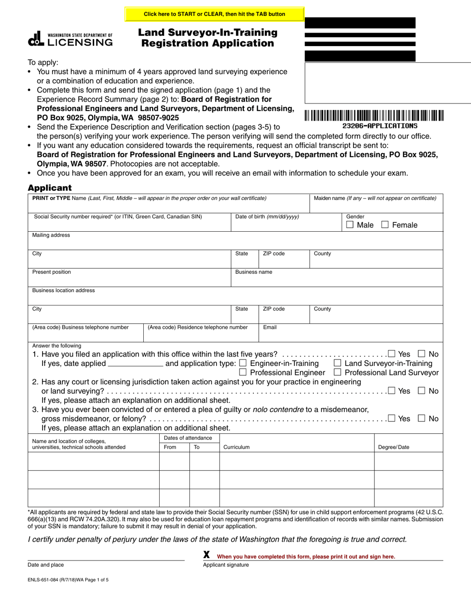Form ENLS-651-084 Land Surveyor-In-training Registration Application - Washington, Page 1