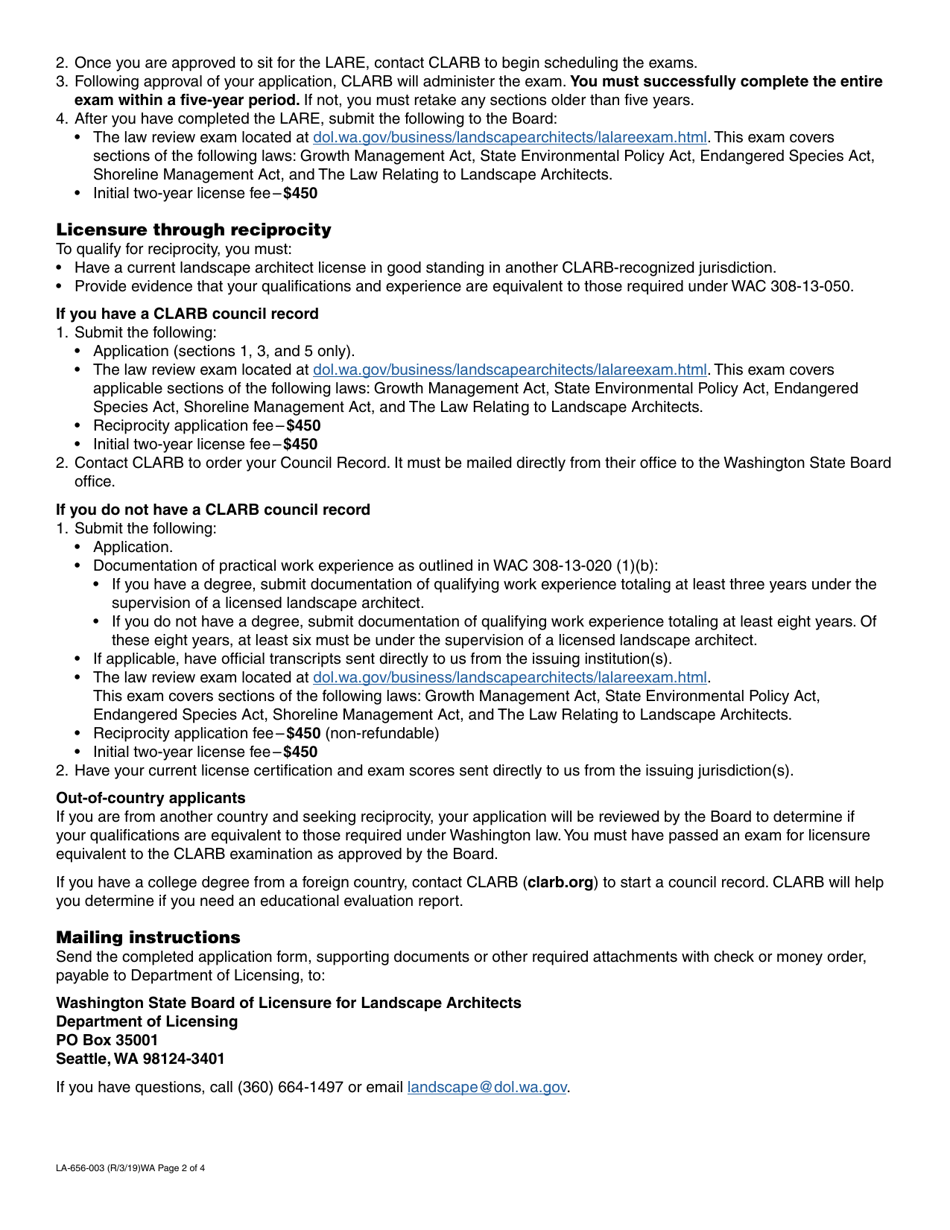 Form LA-656-003 Landscape Architect Licensure Application - Washington, Page 2