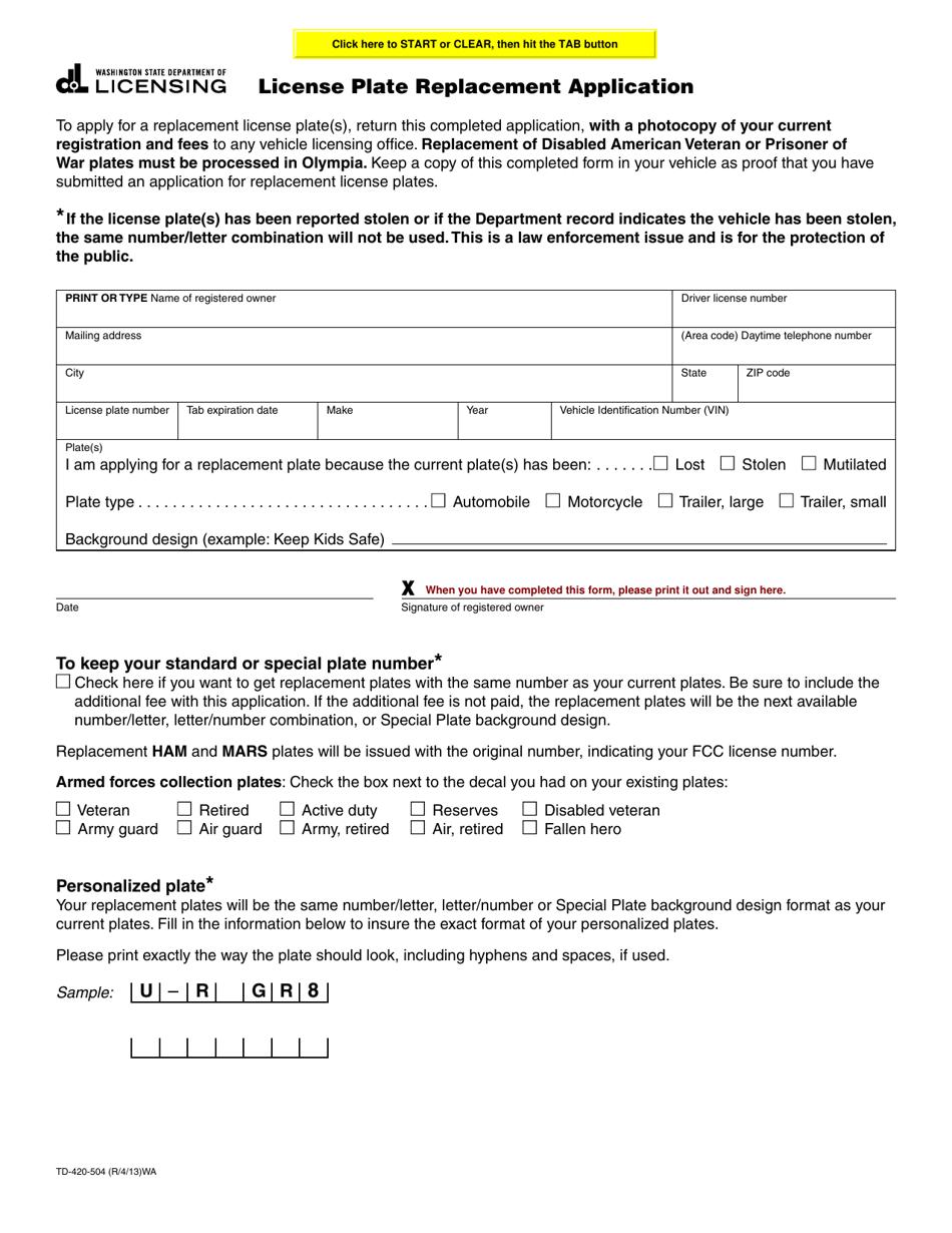 Form TD-420-504 License Plate Replacement Application - Washington, Page 1