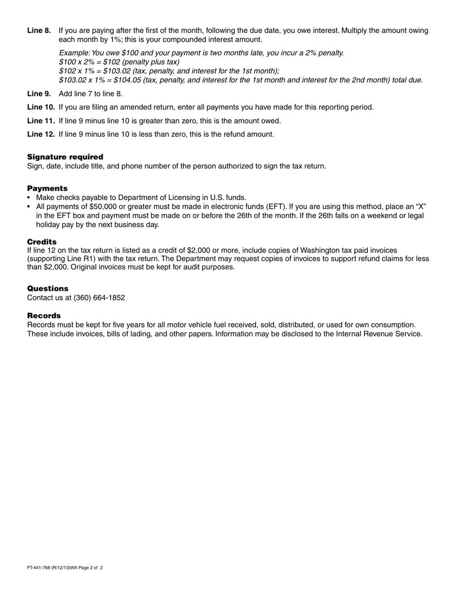 Instructions for Form FT-441-768 Motor Vehicle Fuel Exporter Tax Return - Washington, Page 2