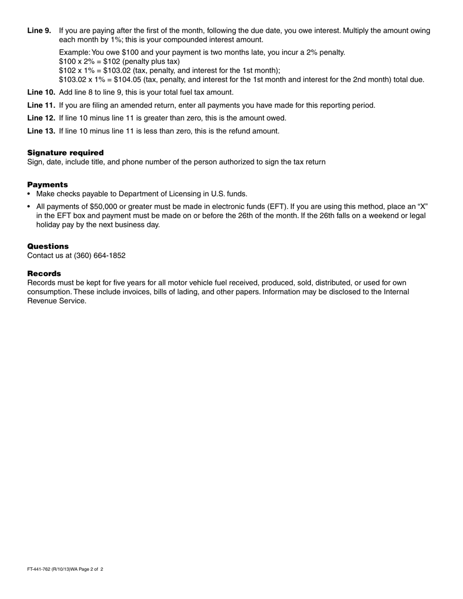 Instructions for Form FT-441-762 Motor Vehicle Fuel Importer Tax Return - Washington, Page 2