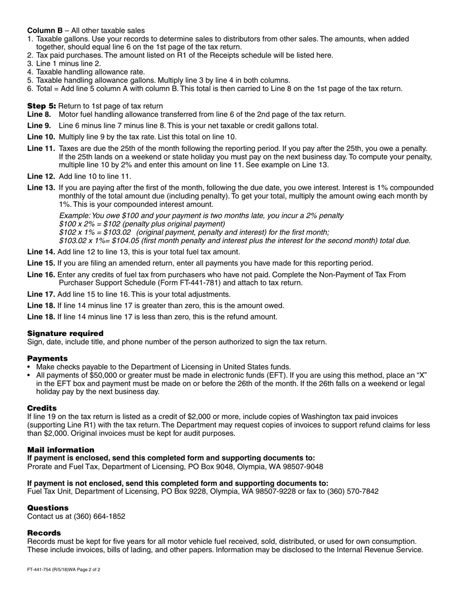Instructions for Form FT-441-754 Motor Vehicle Fuel Supplier Tax Return - Washington, Page 2