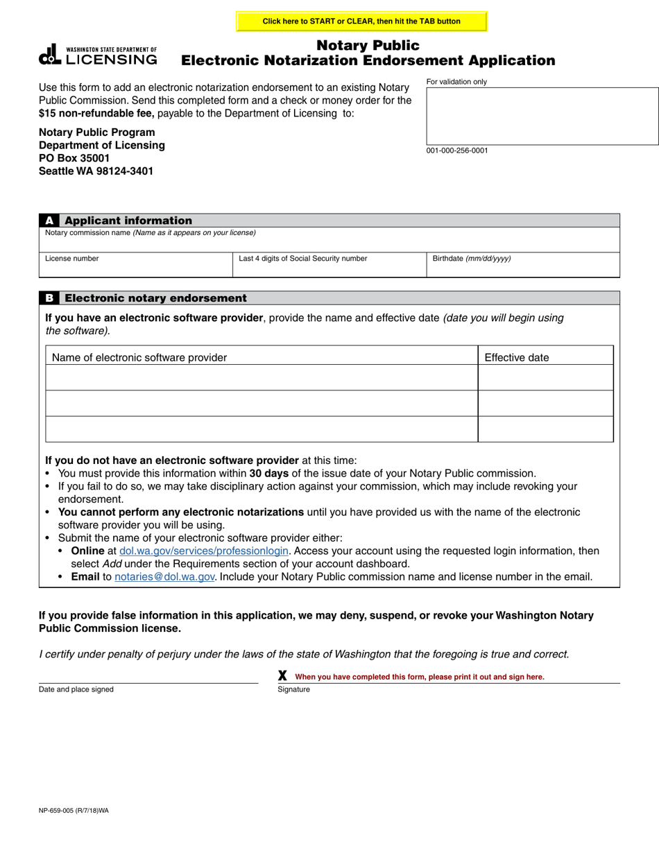 Form NP-659-005 Notary Public Electronic Notarization Endorsement Application - Washington, Page 1