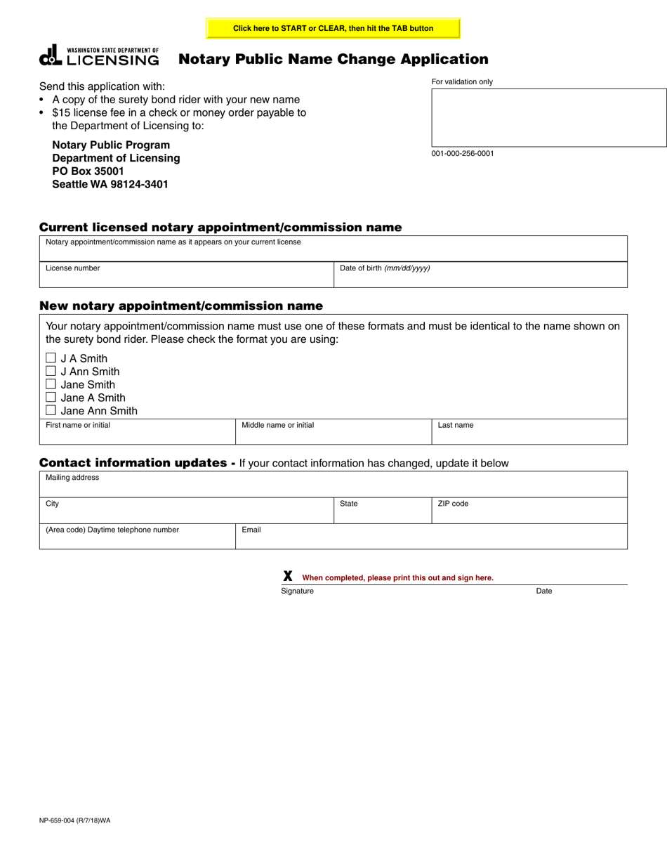 Form NP-659-004 Notary Public Name Change Application - Washington, Page 1