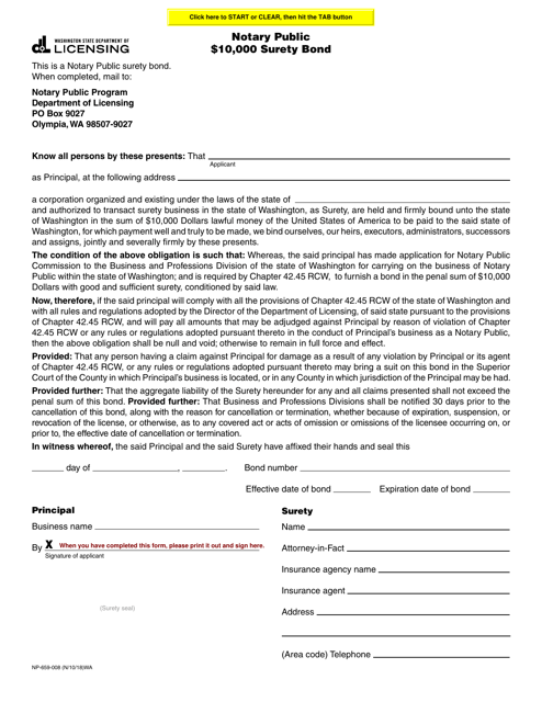 Form NP-659-008 Notary Public $10,000 Surety Bond - Washington
