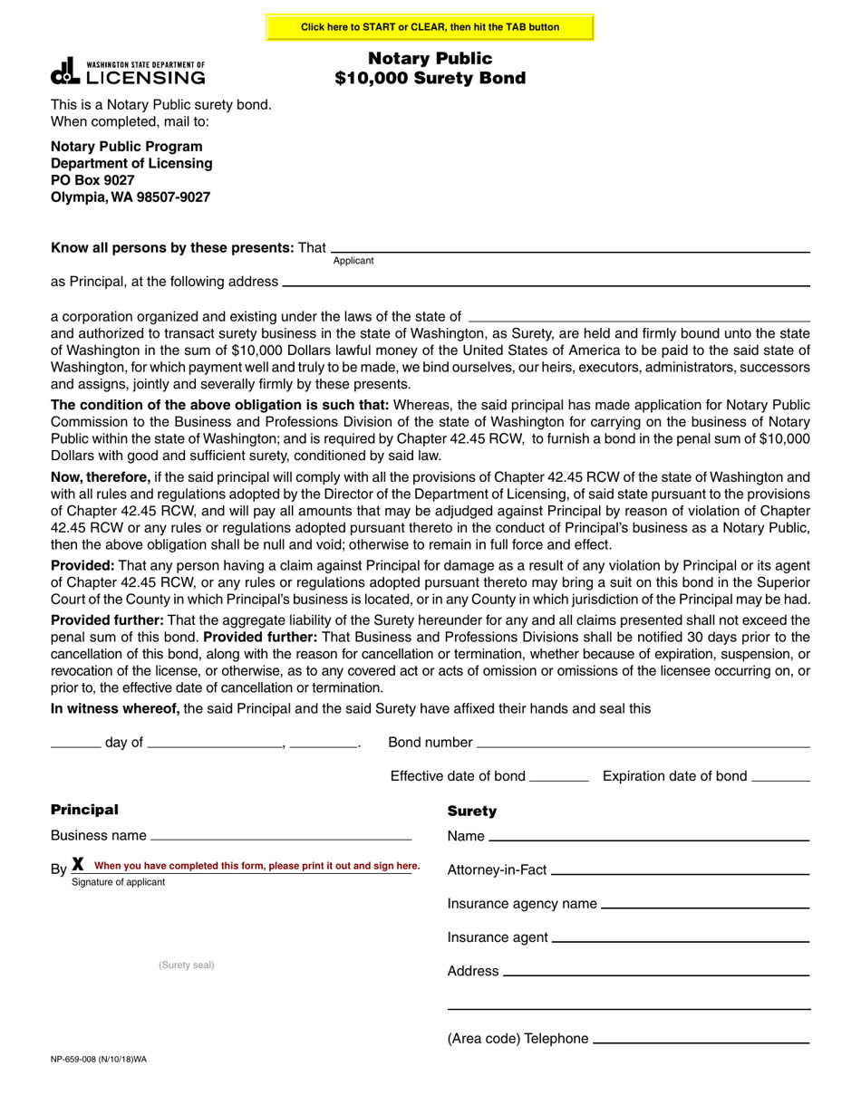 Form NP-659-008 Notary Public $10,000 Surety Bond - Washington, Page 1