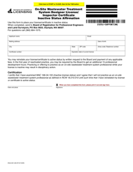 Document preview: Form ENLS-651-029 On-Site Wastewater Treatment System Designer License/ Inspector Certificate Inactive Status Affirmation - Washington