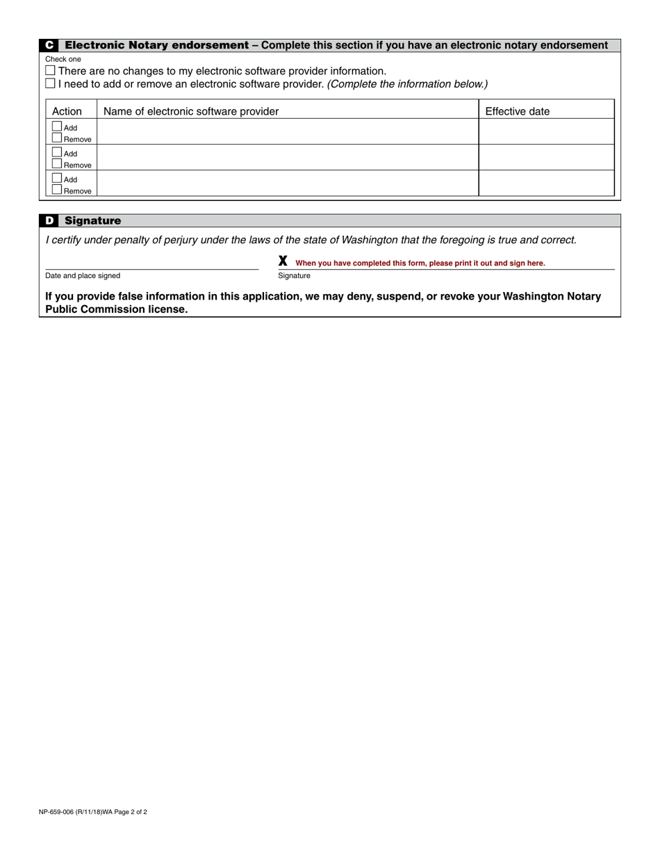 Form NP-659-006 Notary Public Commission Renewal Application - Washington, Page 2