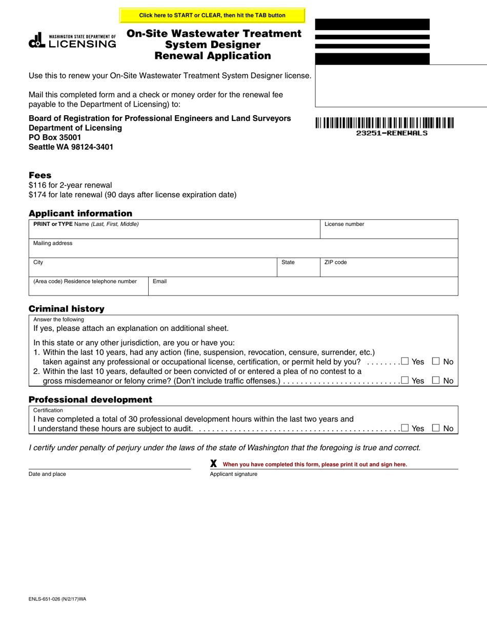 Form ENLS-651-026 On-Site Wastewater Treatment System Designer Renewal Application - Washington, Page 1