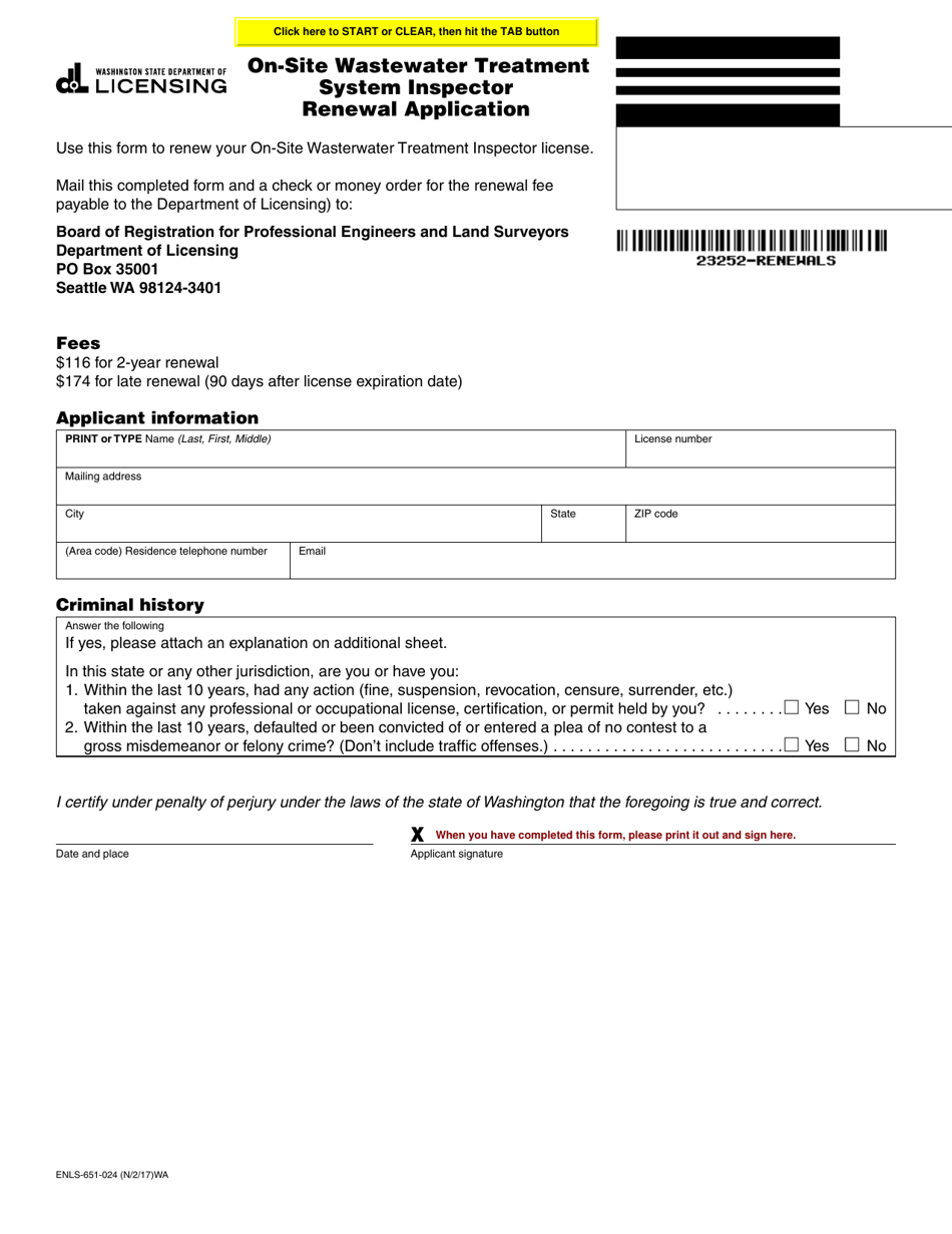 Form ENLS-651-024 On-Site Wastewater Treatment System Inspector Renewal Application - Washington, Page 1