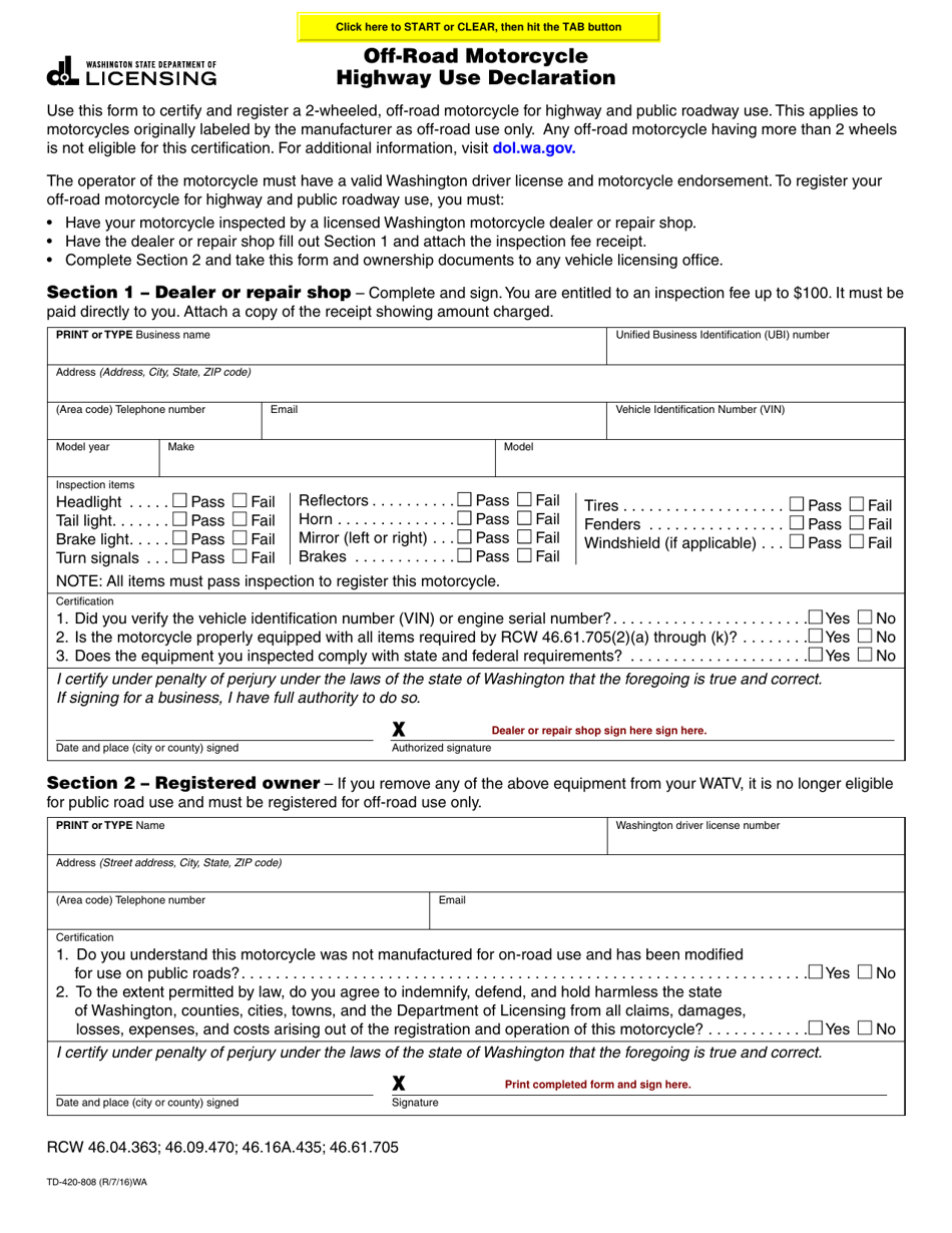 Form TD-420-808 Off-Road Motorcycle Highway Use Declaration - Washington, Page 1