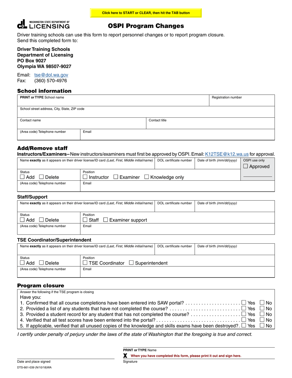 Form DTS-661-039 Ospi Program Changes - Washington, Page 1