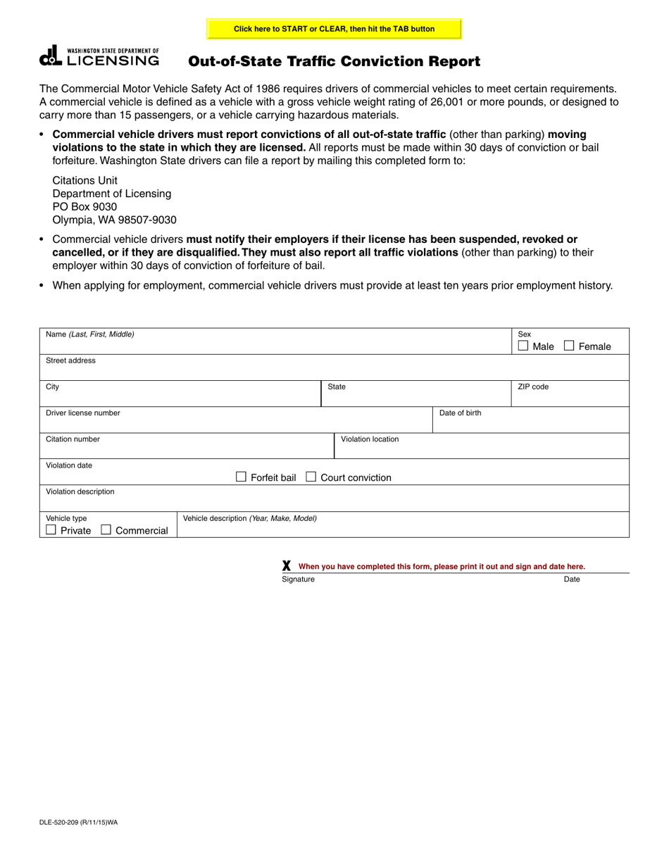 Form DLE-520-209 Out-of-State Traffic Conviction Report - Washington, Page 1