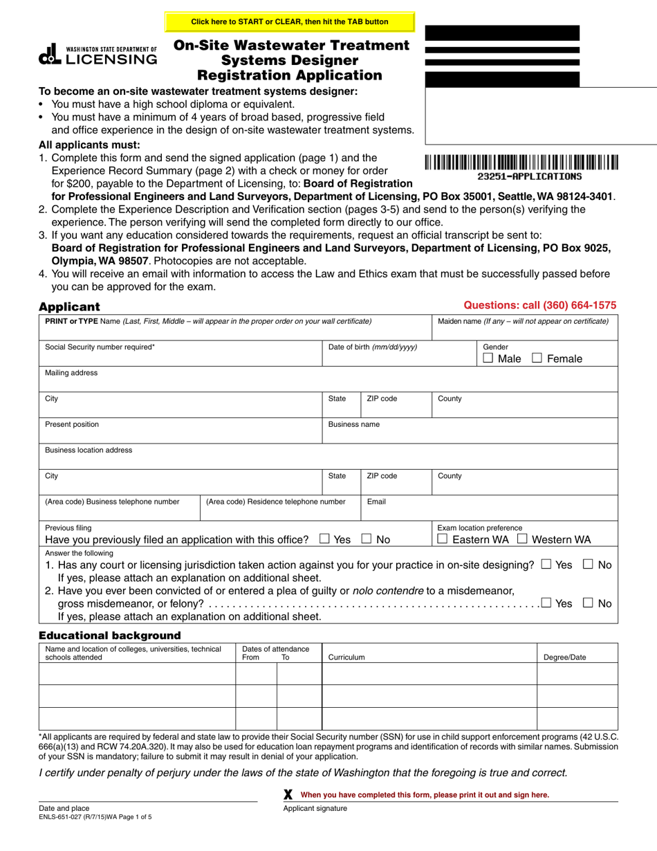 Form ENLS-651-027 On-Site Wastewater Treatment Systems Designer Registration Application - Washington, Page 1
