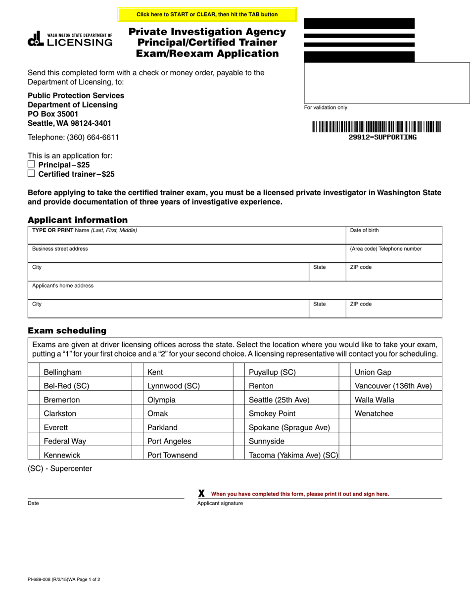 Form PI-689-008 Private Investigation Agency Principal / Certified Trainer Exam / Reexam Application - Washington, Page 1