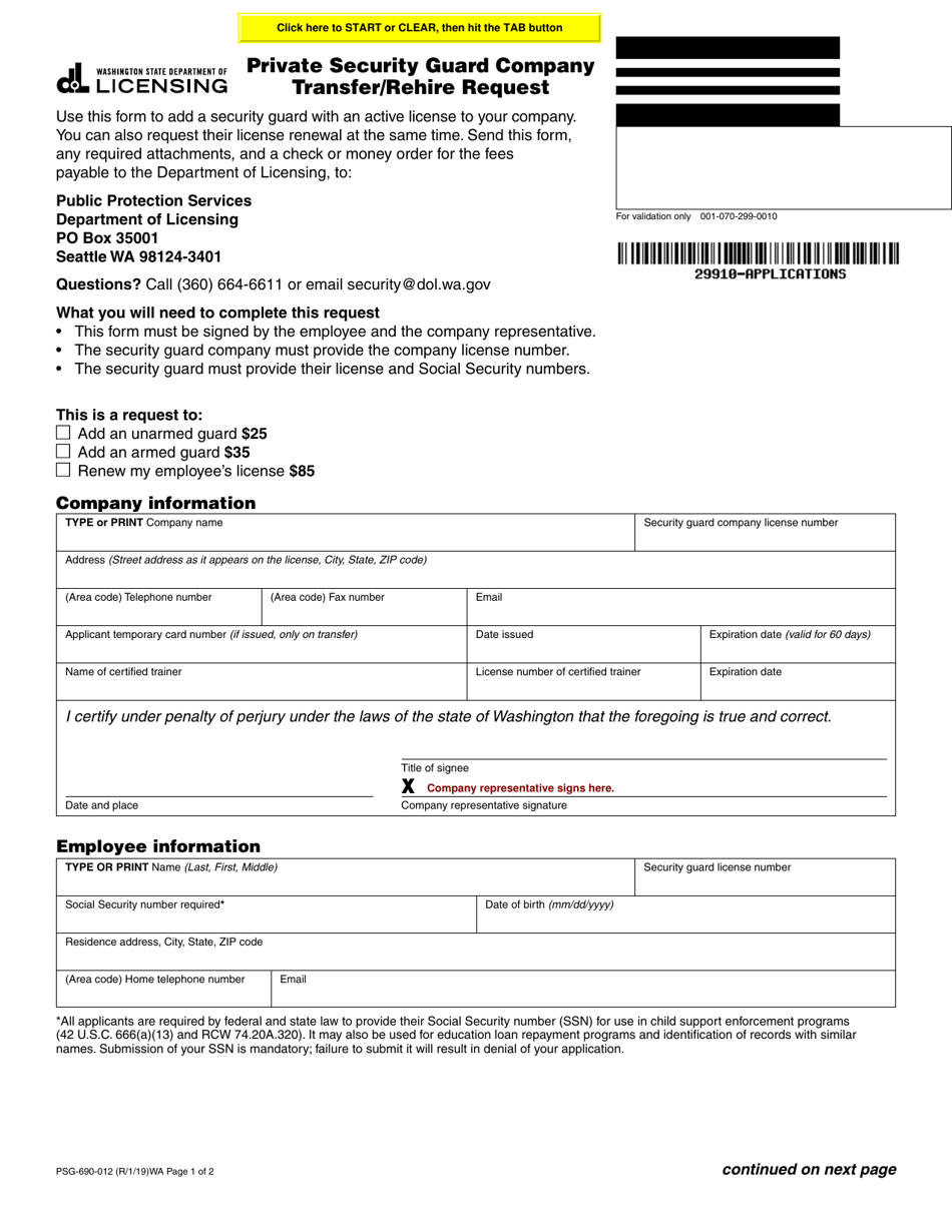 Form PSG-690-012 Private Security Guard Company Transfer / Rehire Request - Washington, Page 1