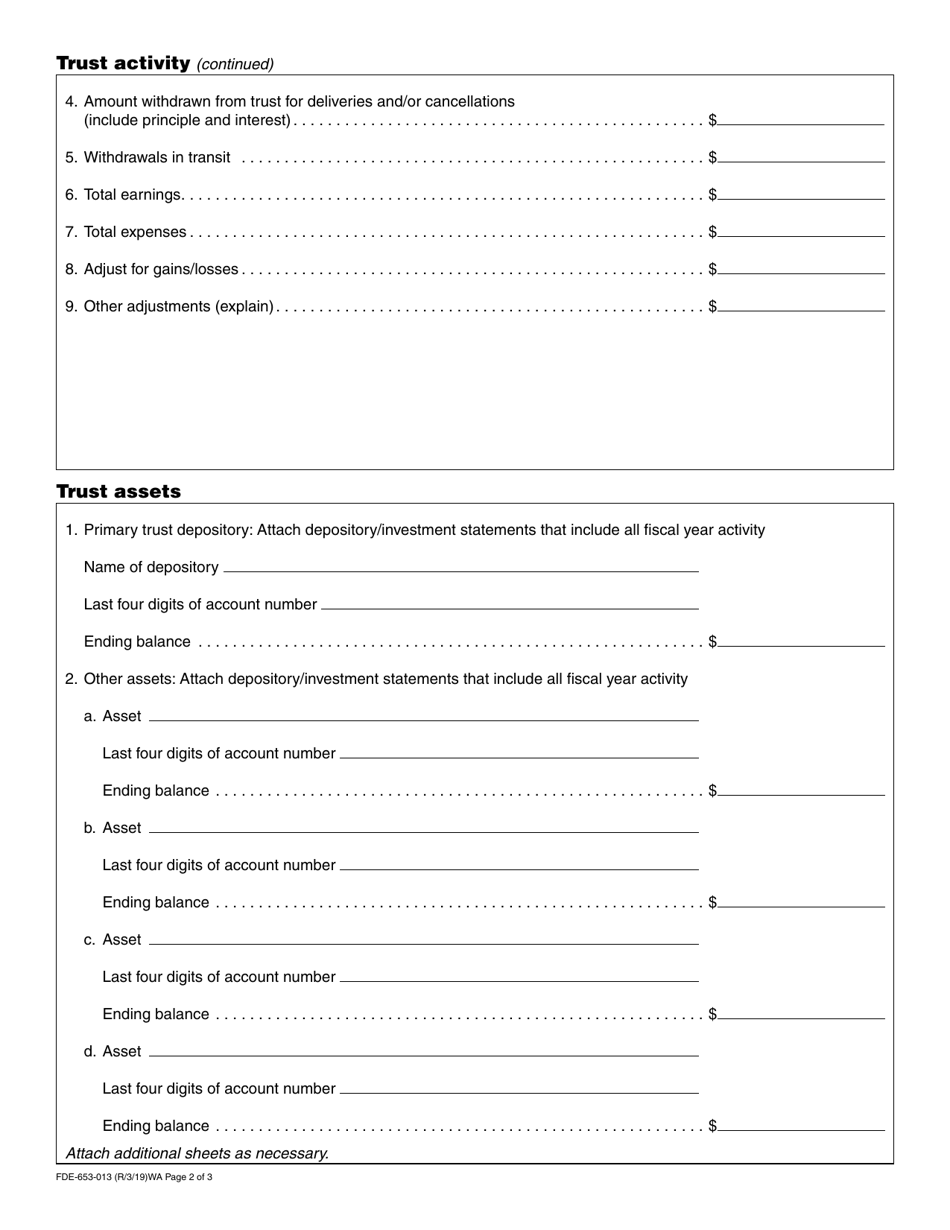 Form FDE-653-013 Prearrangement Funeral Service Contract Trust / Insurance Sales Annual Report - Washington, Page 2