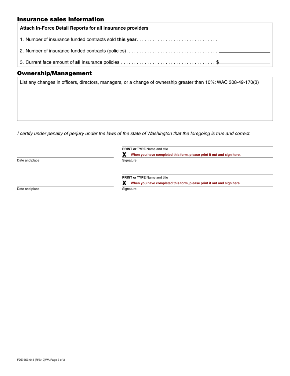 Form FDE-653-013 Prearrangement Funeral Service Contract Trust / Insurance Sales Annual Report - Washington, Page 3