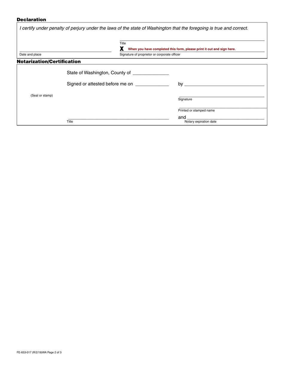 Form FE-653-017 Prearrangement Funeral Registration Application - Washington, Page 2