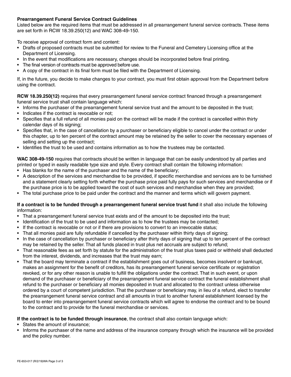 Form FE-653-017 Prearrangement Funeral Registration Application - Washington, Page 3