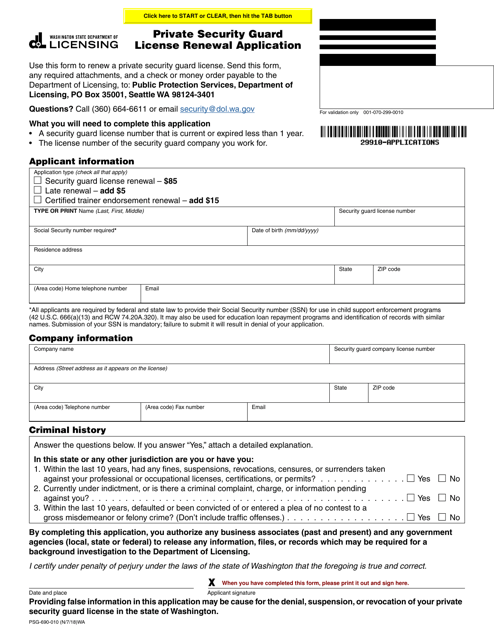 Form PSG690010 Download Fillable PDF or Fill Online Private Security Guard License Renewal