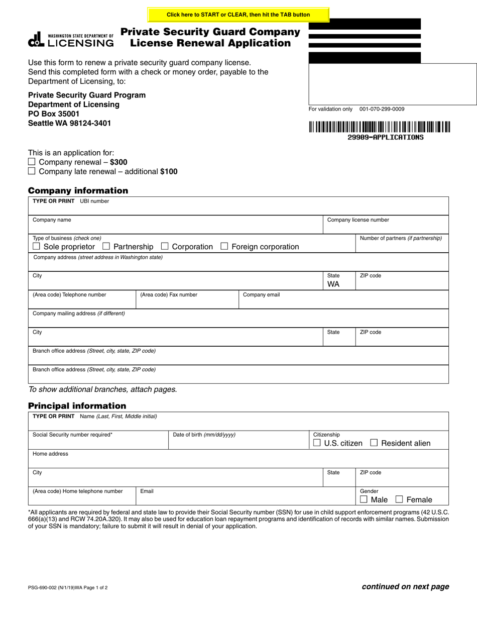 Form PSG-690-002 Private Security Guard Company License Renewal Application - Washington, Page 1