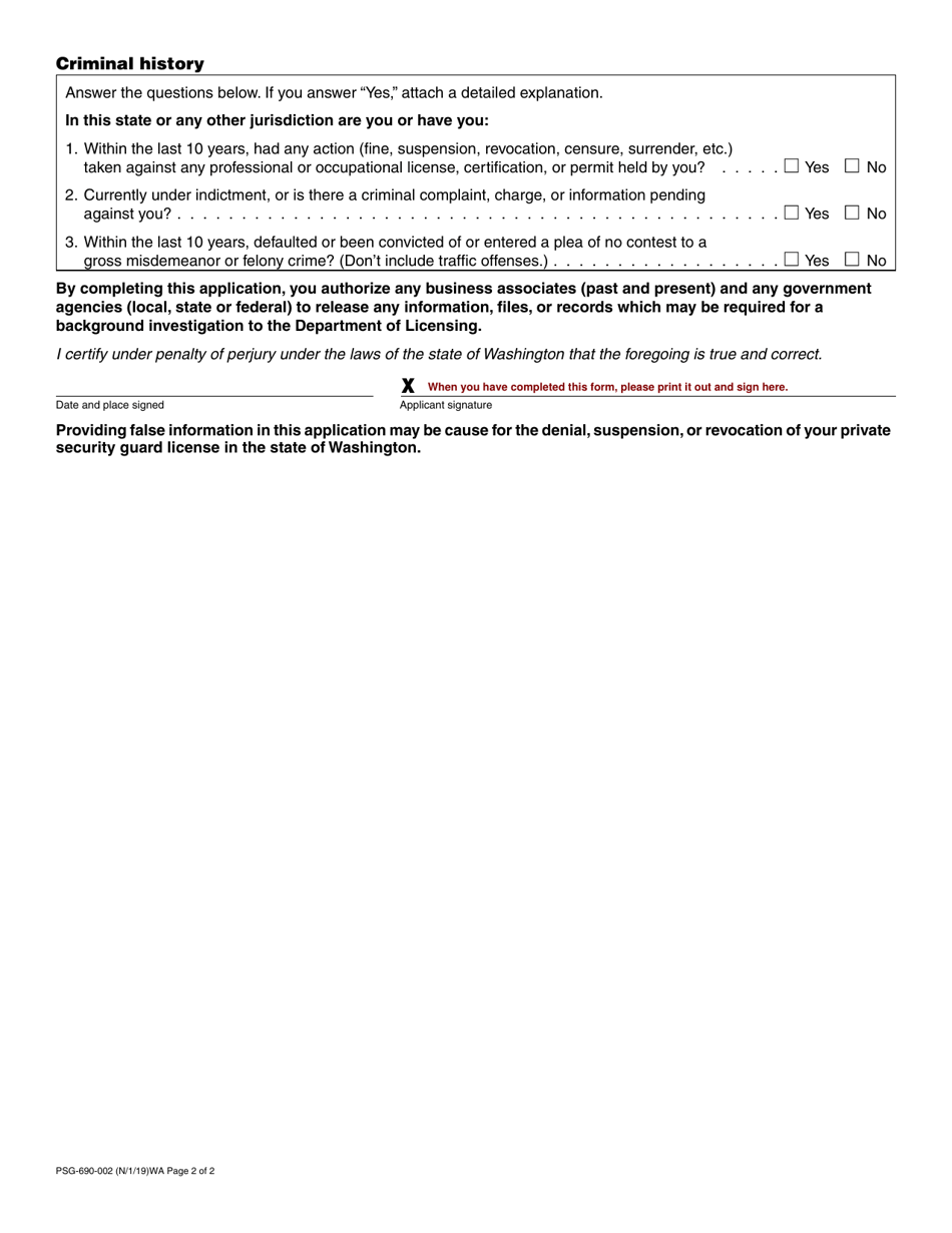 Form PSG-690-002 Private Security Guard Company License Renewal Application - Washington, Page 2