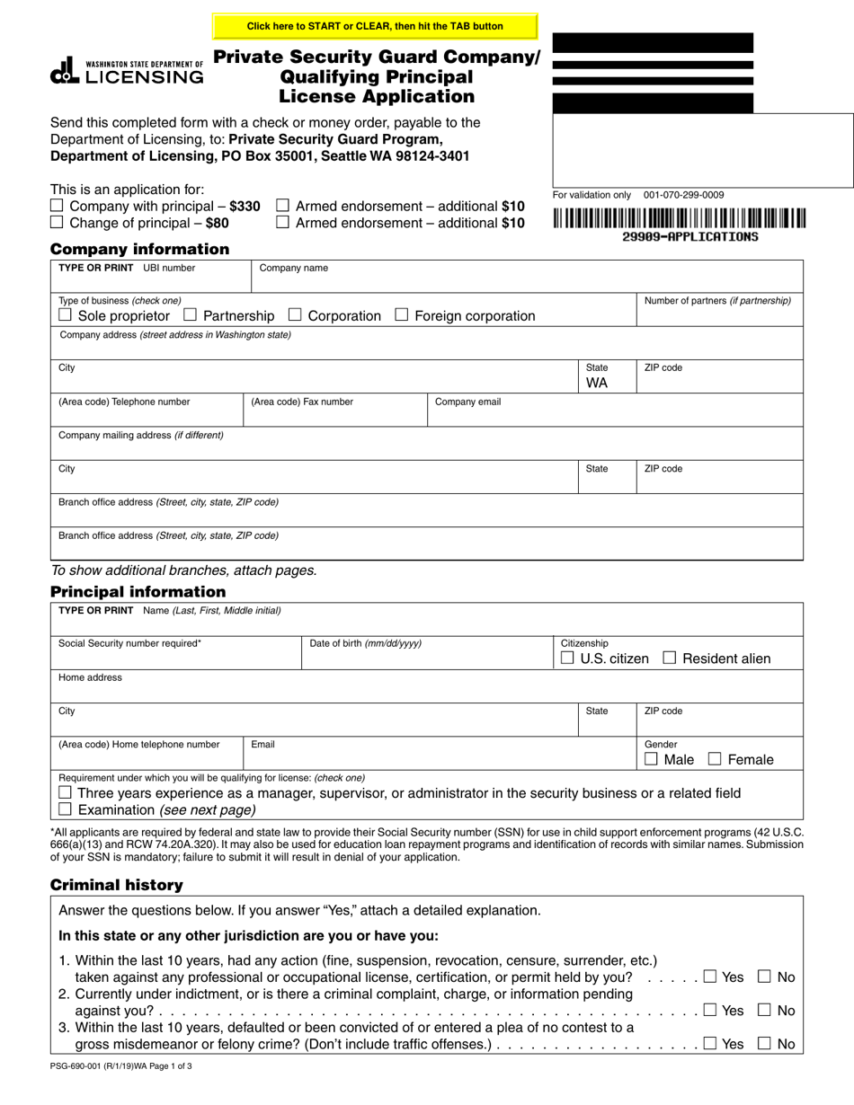 Form PSG-690-001 Private Security Guard Company / Qualifying Principal License Application - Washington, Page 1