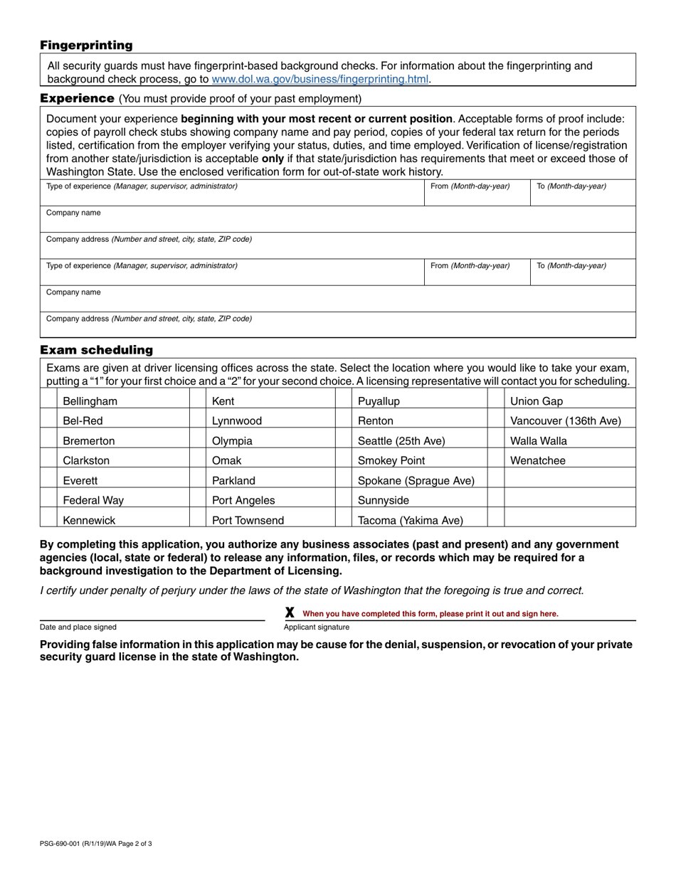 Form PSG-690-001 Private Security Guard Company / Qualifying Principal License Application - Washington, Page 2
