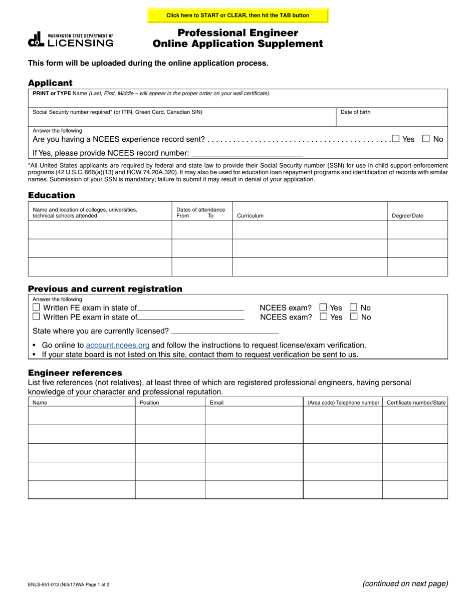 Form ENLS-651-013 Professional Engineer Online Application Statement - Washington, Page 1