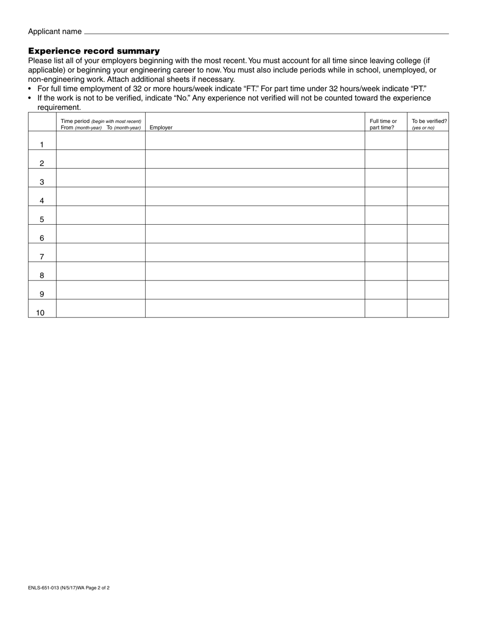 Form ENLS-651-013 Professional Engineer Online Application Statement - Washington, Page 2