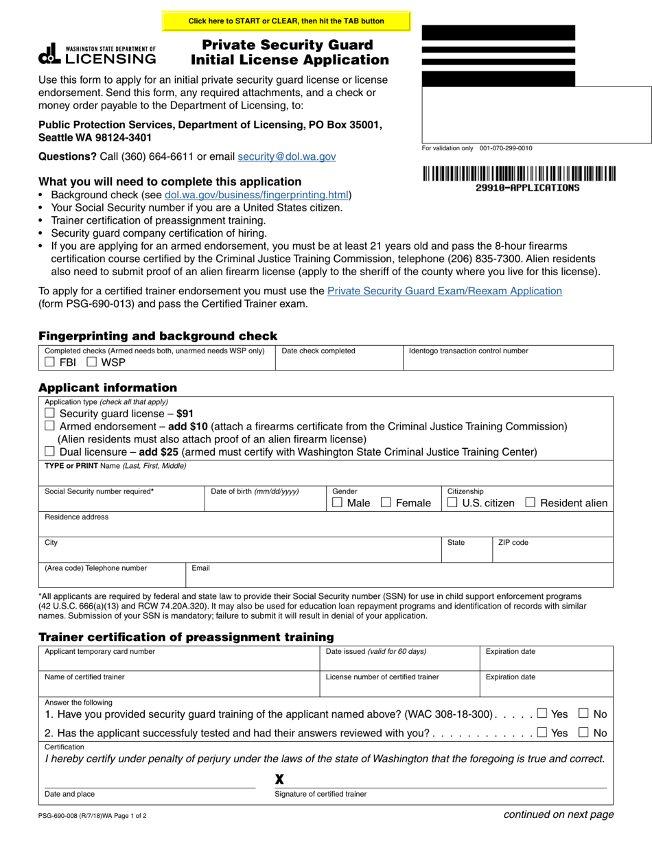 Form PSG-690-008 Private Security Guard Initial License Application - Washington, Page 1