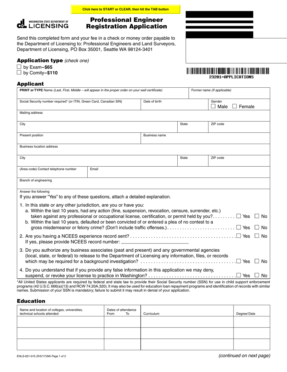 Form ENLS-651-015 Professional Engineer Registration Application - Washington, Page 1
