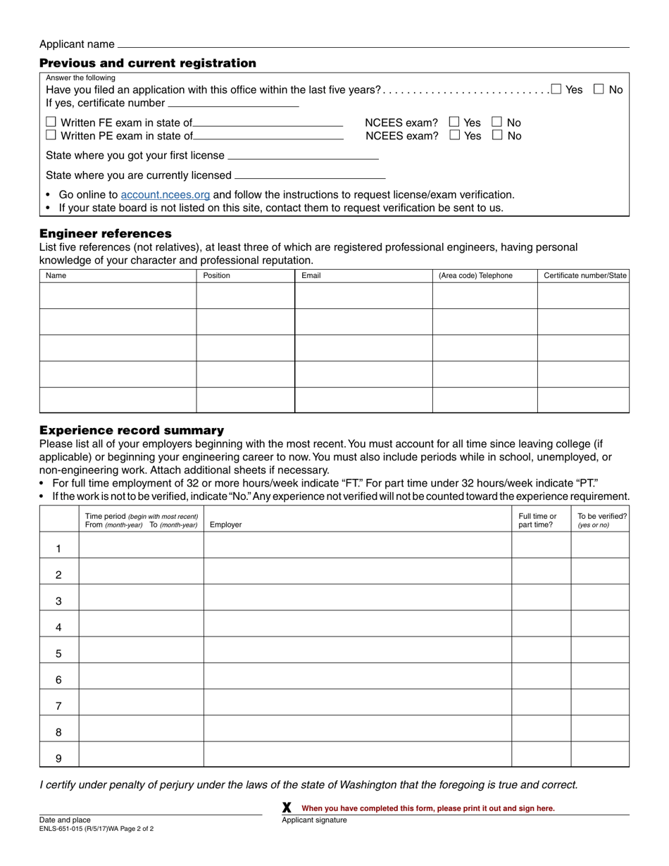 Form ENLS-651-015 Professional Engineer Registration Application - Washington, Page 2
